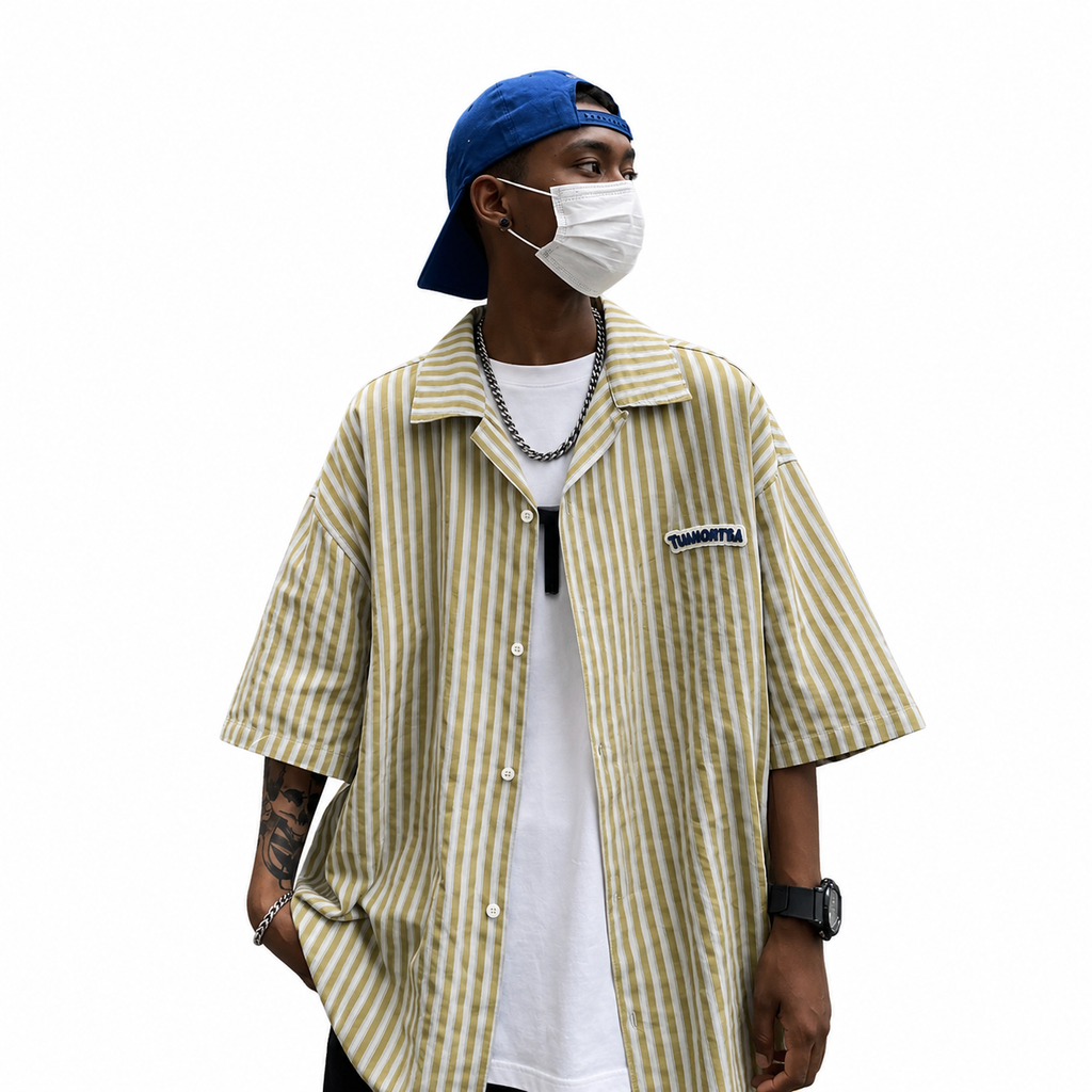 MBW Japanese-style Vintage Striped Short-sleeve Shirt